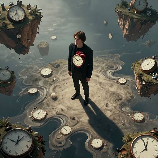 Digital art: Young man with dark hair and red scarf stands on reflective water, surrounded by floating clock islands, shadow cast beneath.