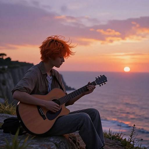 Photograph of a person with orange hair playing an acoustic guitar at sunset on a cliff overlooking the ocean, with vibrant purple, pink, and orange sky