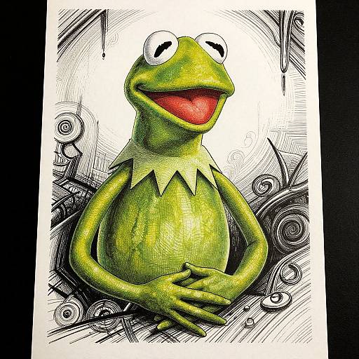 Colorful digital drawing of Kermit the Frog with a wide red smile, green skin, white eyes, and hands clasped, set against a black