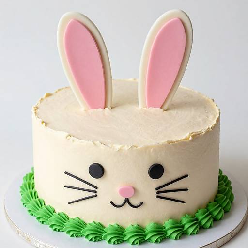 Photograph of a white, round, bunny-themed cake with pink inner ears, black eyes, whiskers, pink nose, and green piped border