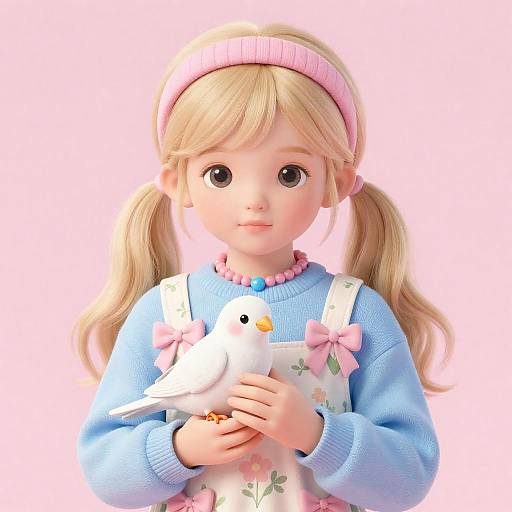 Pastel Girl with Bird and Bows