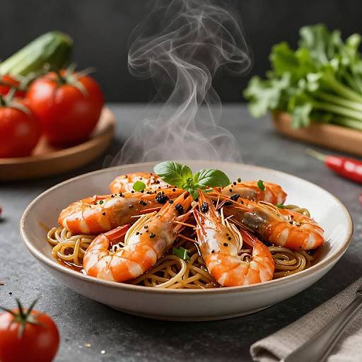 Photograph of steaming shrimp pasta garnished with basil, black pepper, and red chili flakes, with tomatoes and greens in background.