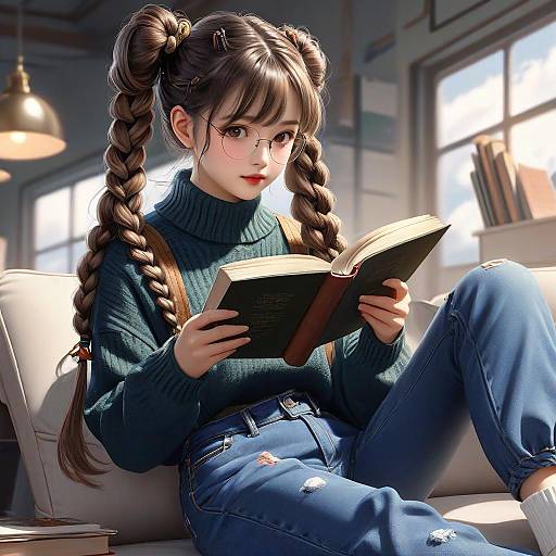 Digital anime-style drawing of a young girl with braided pigtails, wearing glasses, a teal turtleneck, and ripped blue jeans, reading