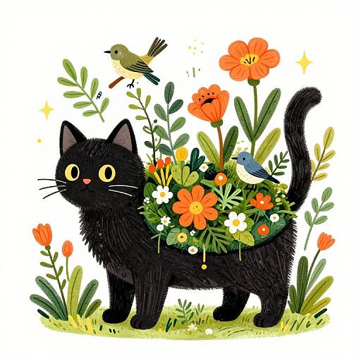 Whimsical illustration of a black cat adorned with vibrant orange flowers and green leaves, with two birds perched on its back.