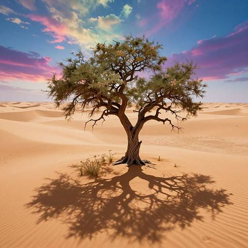 Photograph of a solitary, leafy tree casting a shadow in a vibrant, sunlit desert with golden sand dunes and a colorful, pink and