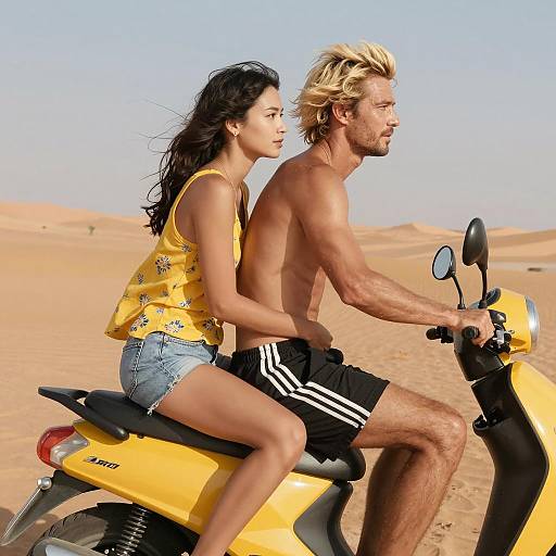 Couple Riding Yellow Motorcycle in Desert