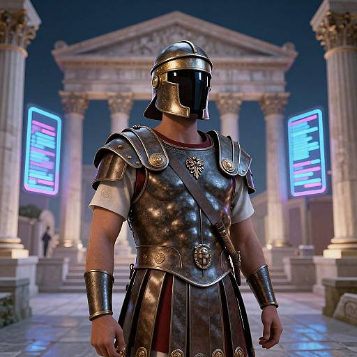 CGI image of a muscular man in shiny medieval Roman armor with a black visor, standing in front of a neon-lit, classical temple.