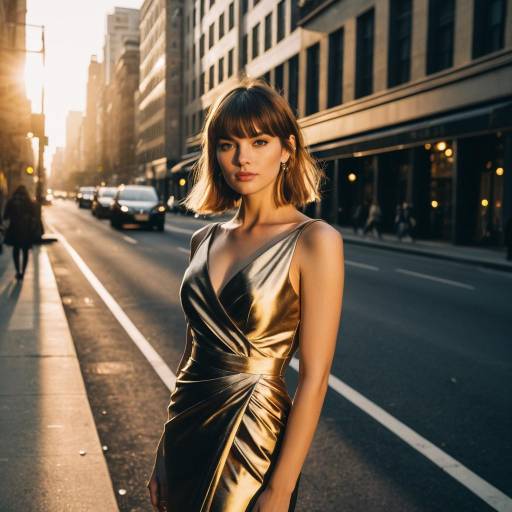 Woman in Gold Dress at Urban Sunset