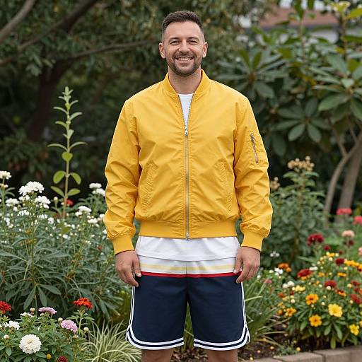 Photograph of a smiling, bearded man in a yellow jacket, white shirt, and black shorts standing in a vibrant, flower-filled garden.