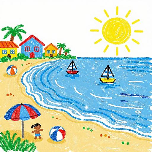Vibrant Childlike Beach Day Drawing