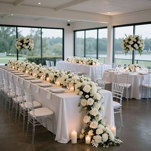 Photograph of a elegant wedding reception room with white floral centerpieces, candlelit tables, clear chairs, and large windows overlooking a lake.
