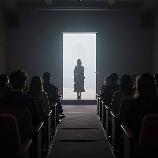 Photograph of a silhouetted woman in a dress standing in a brightly lit doorway, viewed from the audience in a dimly lit theater.