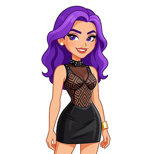 Cartoon-style digital drawing of a confident woman with purple hair, wearing a black lace top and mini skirt, gold bracelet, and black choker.