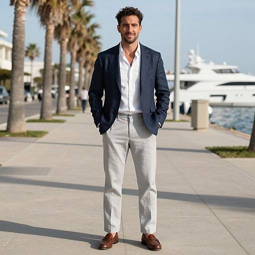Photograph of a handsome man with dark hair and beard, wearing a navy blazer, white shirt, white pants, and brown shoes, standing on