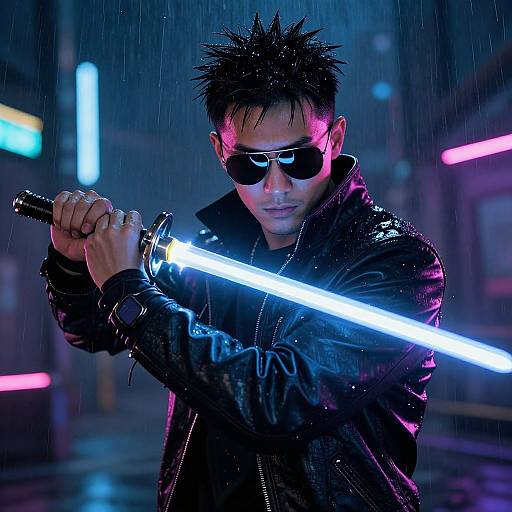 Cyberpunk man with spiked black hair, sunglasses, and black leather jacket holds glowing blue sword in rainy neon-lit street.