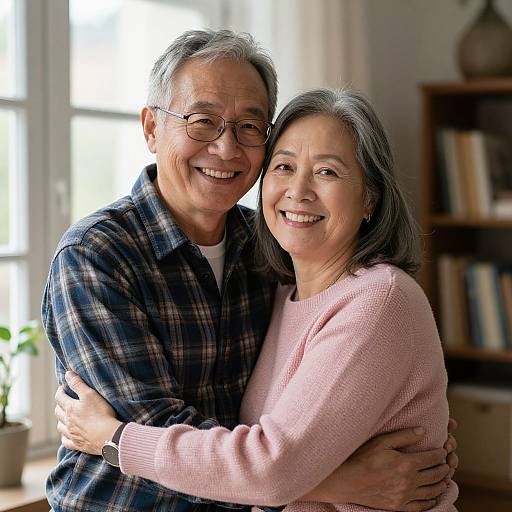 Photograph of smiling elderly Asian couple hugging in a warmly lit living room; man in blue plaid shirt, woman in pink sweater.