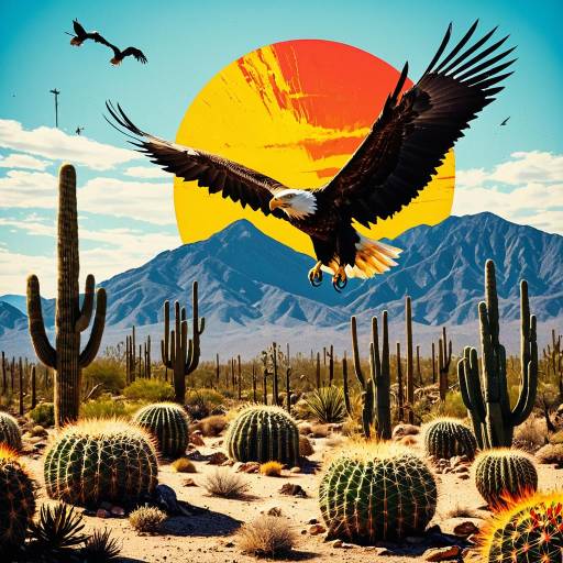 Eagle Soaring Over Cactus Desert at Midday Sun