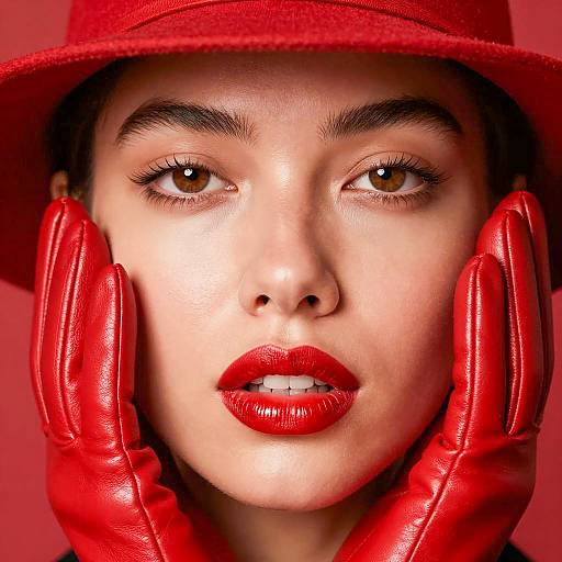 Close-up of Woman in Red Hat and Gloves