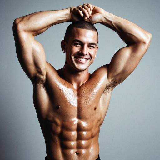 Sweaty Athletic Man with Arms Raised