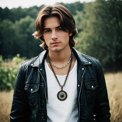 Young Man in Leather Jacket and Necklace Outdoors