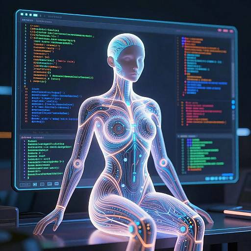 CGI image of a neon-lit, wireframe female figure with glowing circuits, sitting against a dark background of coding screens.