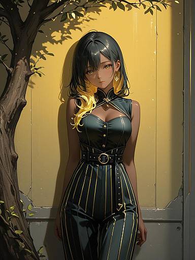 Anime Woman in Black and Gold Pinstripe Jumpsuit