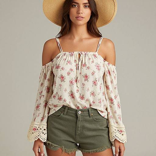 Photograph of a young woman with olive skin, brown hair, wearing a straw hat, off-shoulder floral blouse, and green denim shorts.