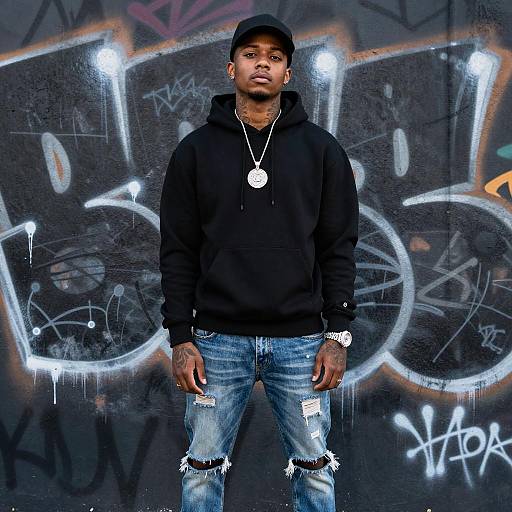 Young Man in Urban Streetwear with Graffiti Background