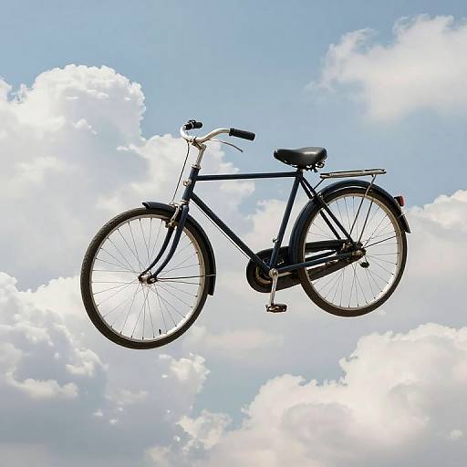 Photograph of a black, vintage-style bicycle floating against a bright blue sky with fluffy white clouds. Bicycles, vintage, floating.