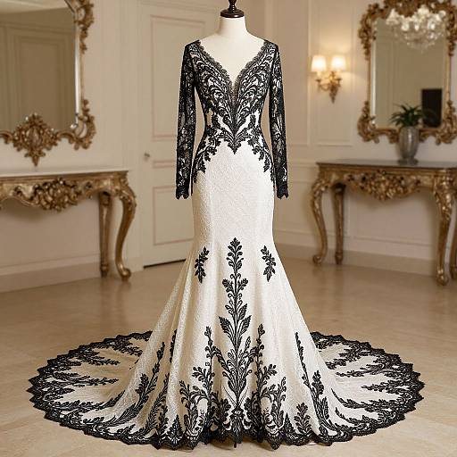 Photograph of a white, lace-embellished, long-sleeve, mermaid-style gown with black floral patterns, displayed on a dress