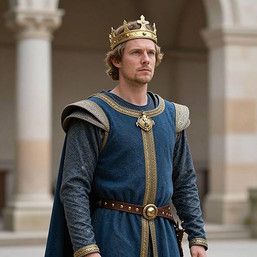 Photograph of a handsome, fair-skinned man with brown hair, wearing a gold crown, blue medieval tunic with gold trim, and brown belt