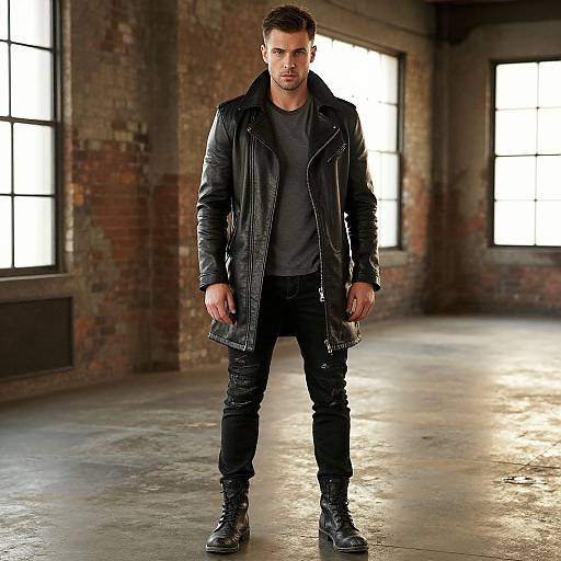 Photograph of a muscular, short-haired man in a black leather jacket, dark t-shirt, jeans, and boots, standing in a dimly lit