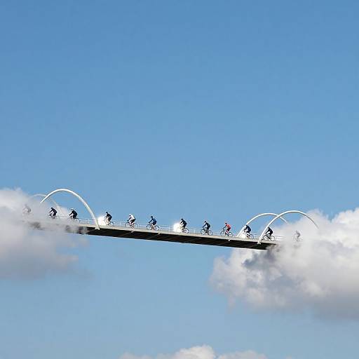Photograph of cyclists riding on a high, white-arched bridge against a bright blue sky with scattered clouds.