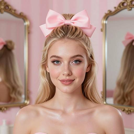 Blonde Woman with Pink Bow and Soft Makeup