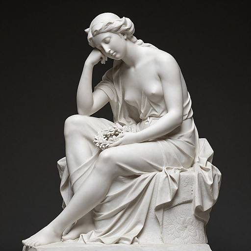 Photograph of a white marble statue of a sorrowful, classical-style woman with closed eyes, draped in a flowing gown, resting her head on her