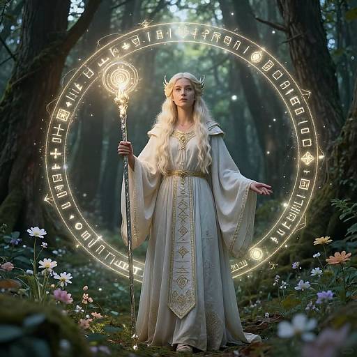 Photograph of a mystical, long-haired woman in white robes holding a glowing staff, surrounded by a magical circular glow, standing in a forest with flowers