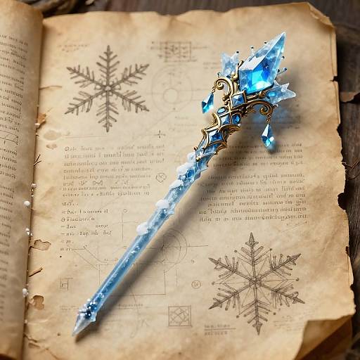 Photograph of a glowing, blue crystal-tipped pen resting on an aged, parchment-like book with detailed snowflake illustrations.