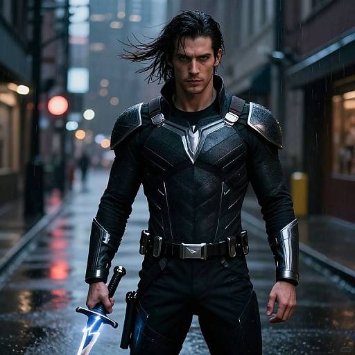 Photorealistic CGI of a muscular, dark-haired man in black, armored suit holding a glowing sword, standing in a rainy city street at night.