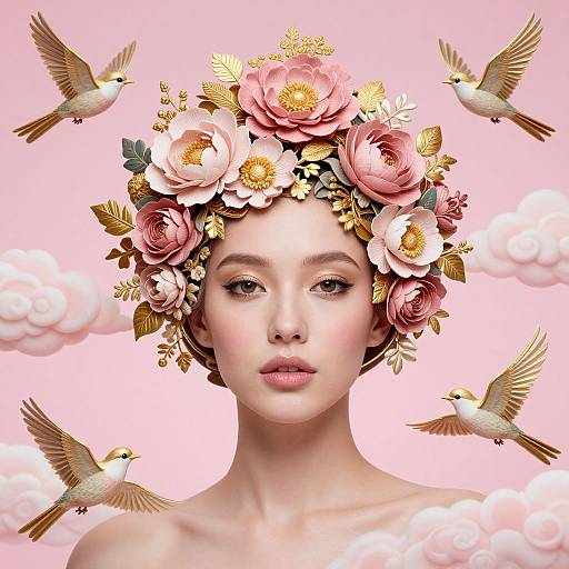Digital art of a serene Asian woman with fair skin, wearing a floral crown of pink and white roses, surrounded by four golden birds, against a pink