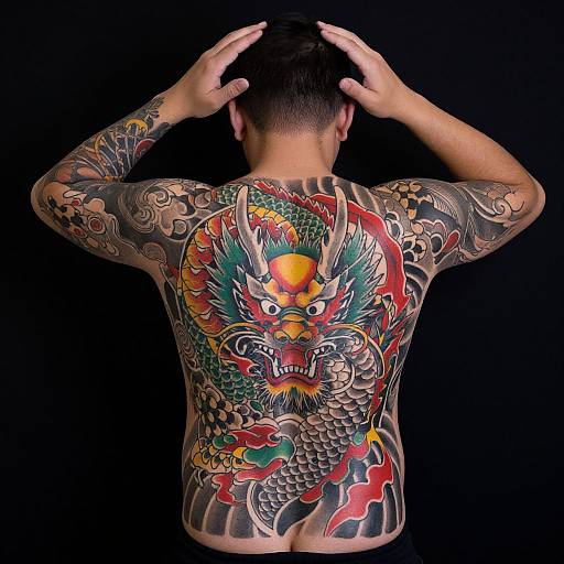 Photograph of a man with a large, colorful Japanese-style dragon tattoo covering his back, arms raised, black background, short black hair.