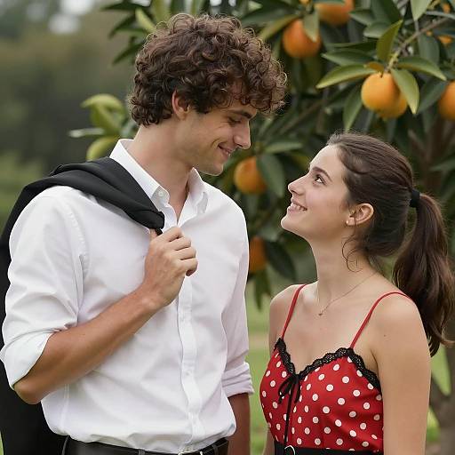 Young Couple Smiling Outdoors by Orange Tree