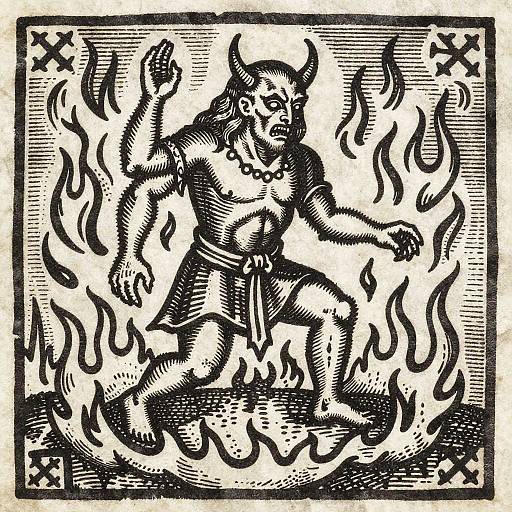 Black and white woodcut of a muscular horned figure dancing amidst flames, wearing a loincloth, raising one arm, surrounded by stars.