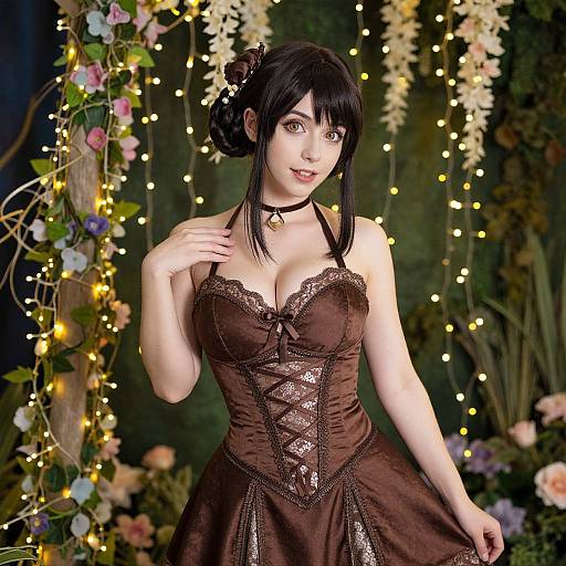 Digital art of a fair-skinned, black-haired woman in a brown lace corset dress, floral backdrop, fairy lights, and a floral arch.