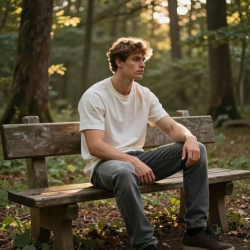 Photograph of a young man with curly brown hair, wearing a white t-shirt and blue jeans, sitting on a rustic wooden bench in a sunlit