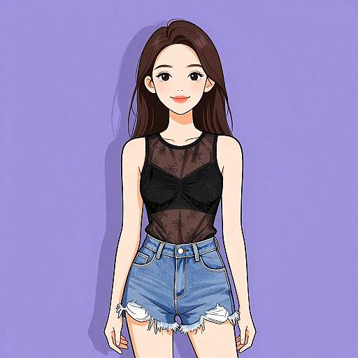Digital anime-style drawing of a smiling young woman with long brown hair, wearing a black sheer top and frayed blue denim shorts, against a solid purple