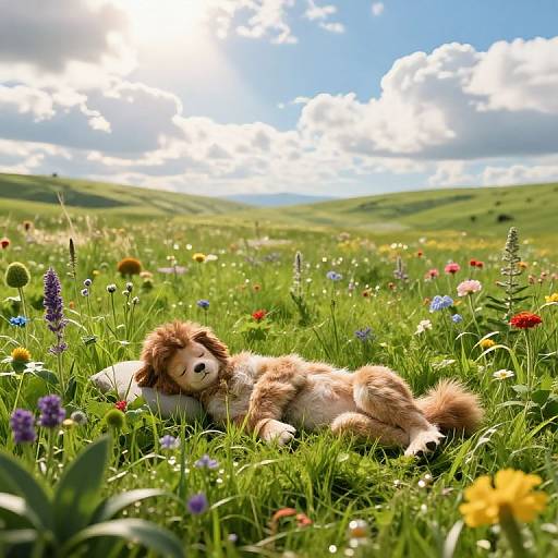 Photograph of a fluffy, brown and white puppy lying in a vibrant meadow with colorful wildflowers under a bright, cloudy sky.