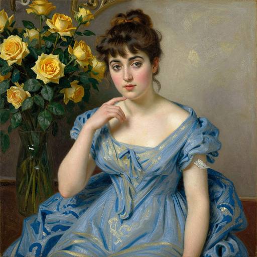 Digital painting of a pale-skinned, dark-haired woman in a blue, ornate dress, with yellow roses in a vase behind her. She gaz