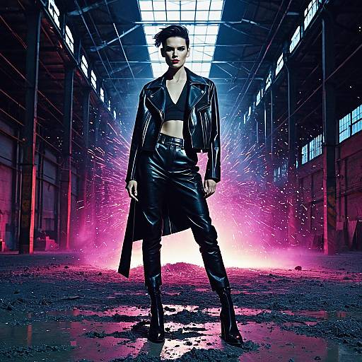 Androgynous Leather Fashion in Industrial Warehouse