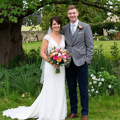 Photograph of a smiling bride in a white dress and veil, holding a colorful bouquet, standing beside a groom in a gray suit, outdoors in a