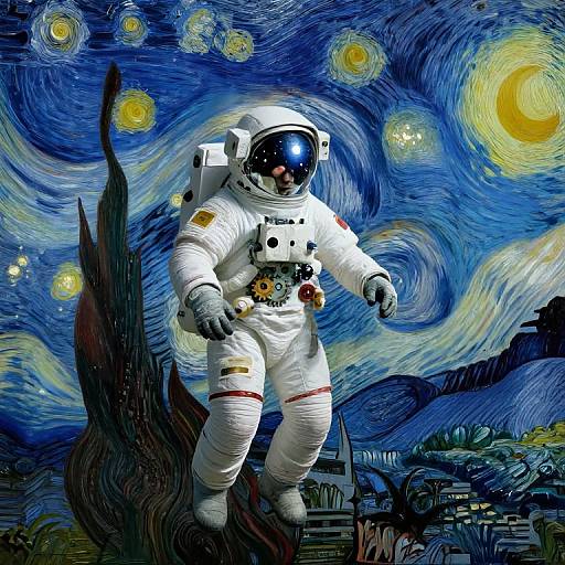 Digital artwork of an astronaut in a white spacesuit floating in Vincent van Gogh's 